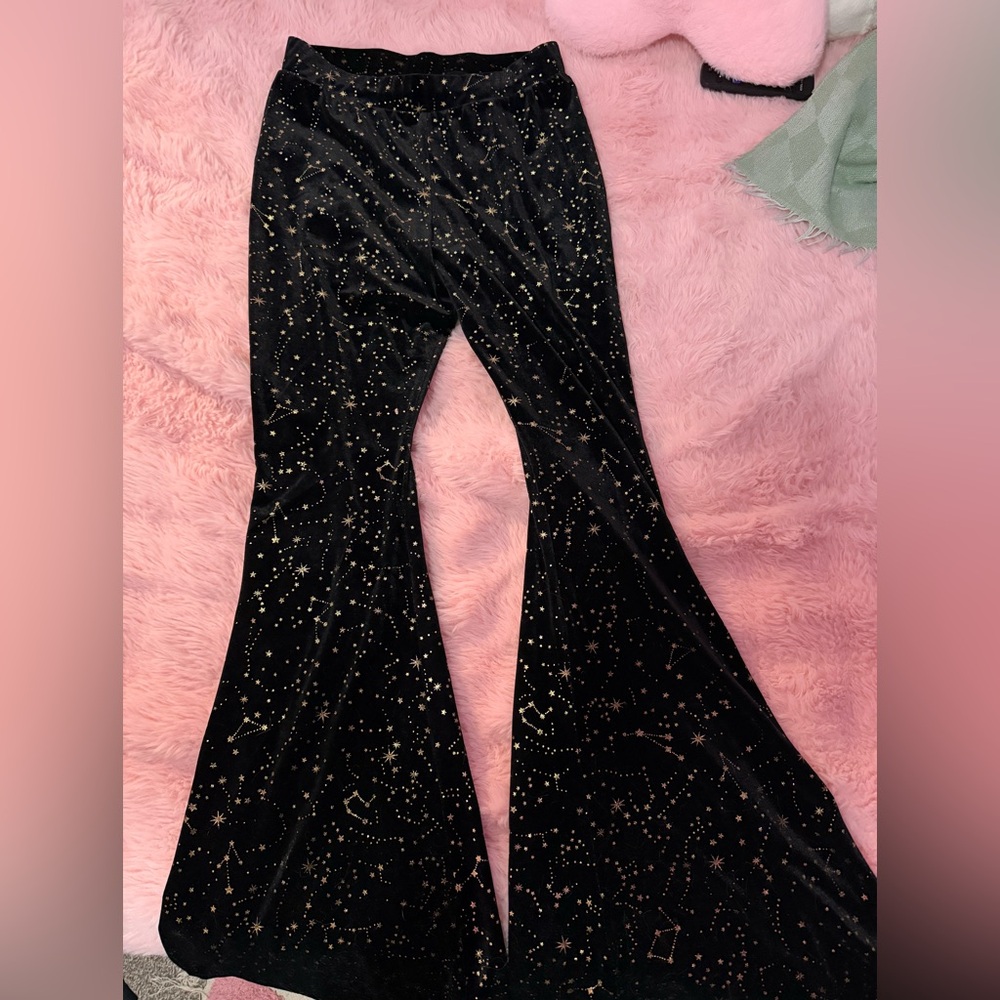 ♥ MIDNIGHT HOUR BLACK VELVET PANTS W/ FLARE- GOLD CONSTELLATION DETAIL ♥